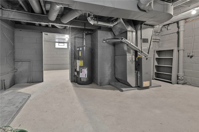 basement featuring water heater and heating unit