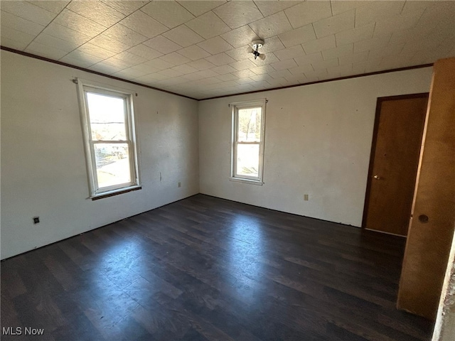 spare room featuring crown molding and dark hardwood / wood-style floors