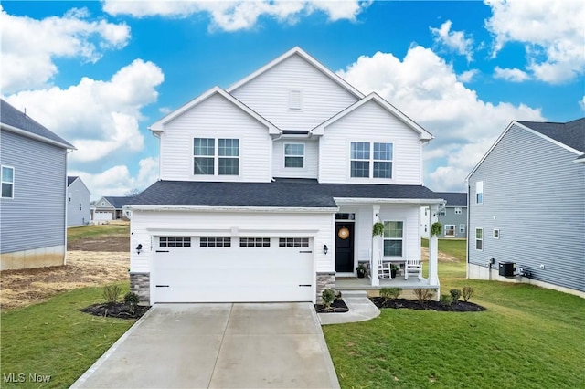 view of front of home with a garage, a porch, a front yard, and central air condition unit