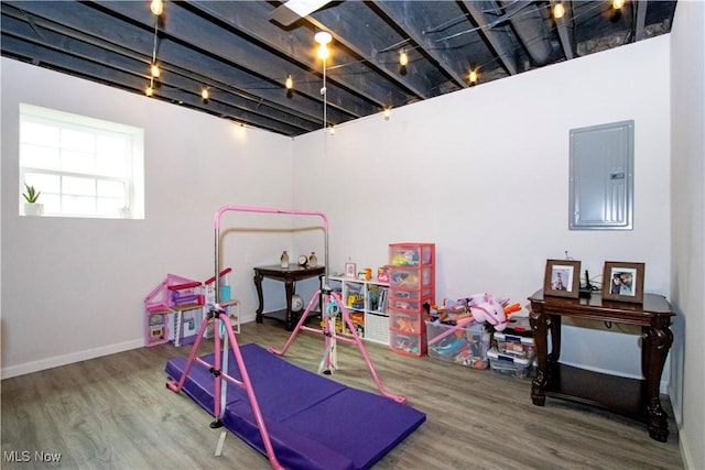 game room with hardwood / wood-style floors and electric panel