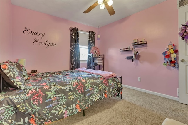 carpeted bedroom featuring ceiling fan