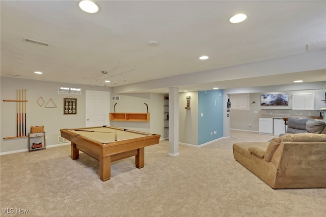 game room featuring light colored carpet