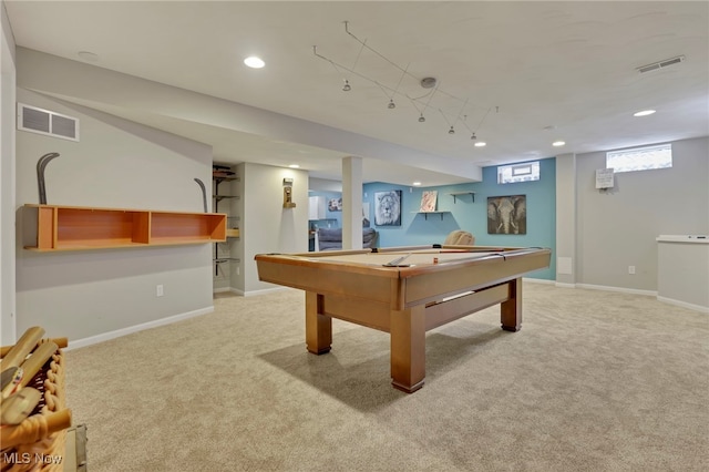 game room with light colored carpet and billiards