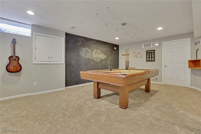 game room featuring billiards and light colored carpet