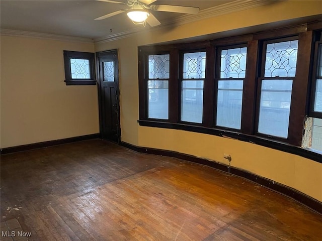 spare room with hardwood / wood-style floors, crown molding, and ceiling fan