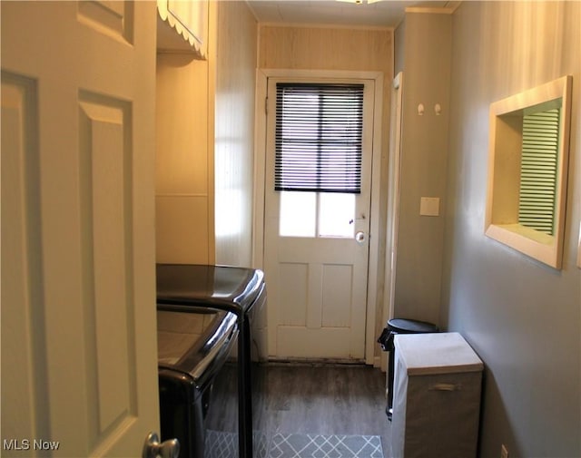 clothes washing area featuring dark hardwood / wood-style flooring and washing machine and clothes dryer