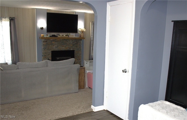 living room featuring a stone fireplace and dark wood-type flooring