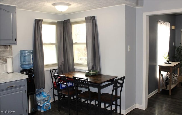 dining room featuring dark wood-type flooring and a textured ceiling