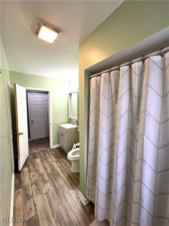 bathroom with vanity, wood-type flooring, and toilet