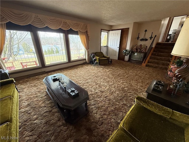 living room featuring carpet and a textured ceiling