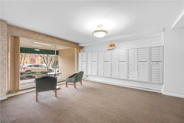 carpeted office space featuring a mail area