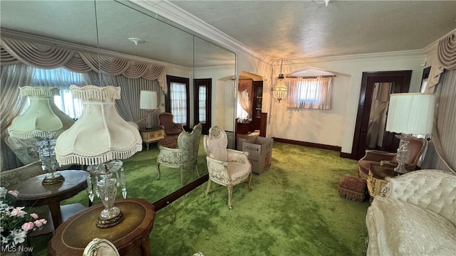 interior space with ornamental molding and carpet floors