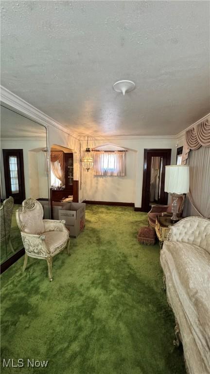 living room featuring ornamental molding, carpet flooring, and a textured ceiling