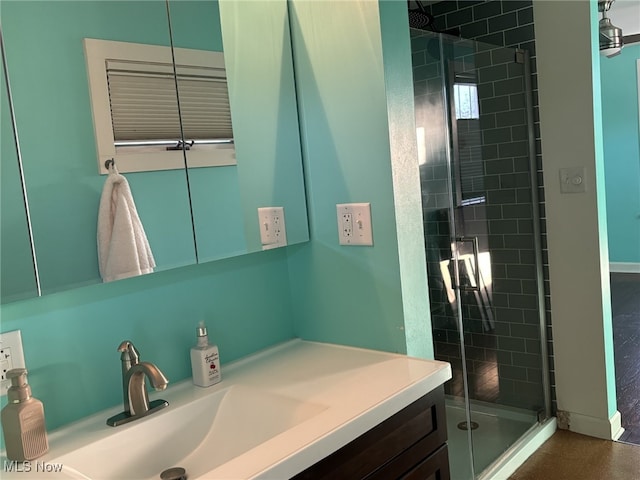 bathroom with a shower with door and vanity