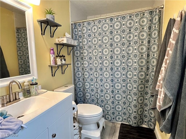 bathroom featuring vanity, toilet, and wood-type flooring