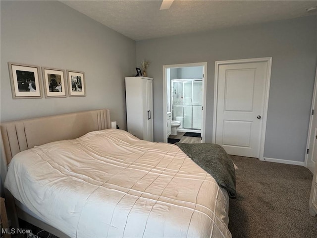 bedroom featuring ceiling fan, carpet, and ensuite bath