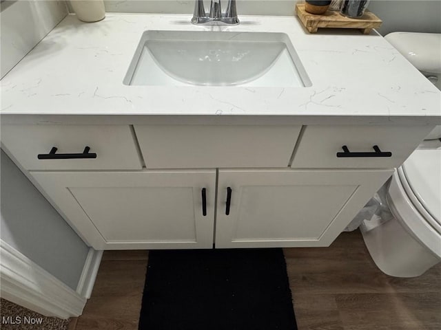 bathroom featuring vanity, wood-type flooring, and toilet