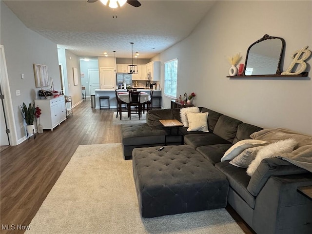 living room with ceiling fan, dark hardwood / wood-style flooring, and a textured ceiling