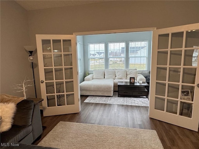 interior space with dark wood-type flooring