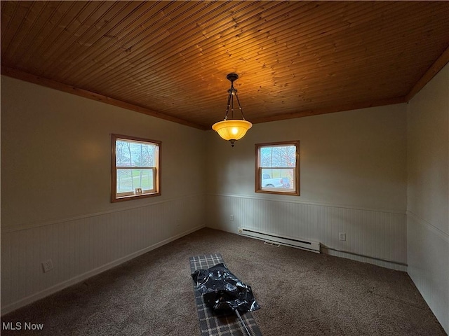 spare room featuring a wealth of natural light, a wainscoted wall, wood ceiling, and a baseboard radiator