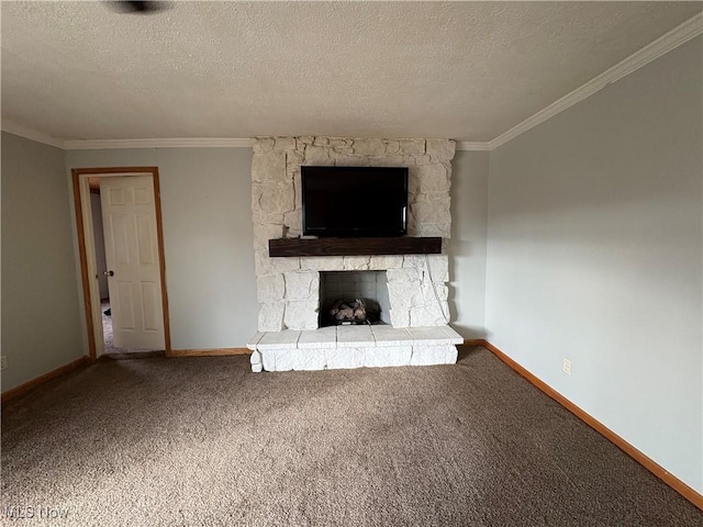 unfurnished living room featuring baseboards, carpet flooring, and crown molding