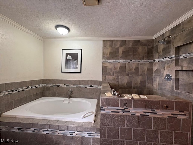 full bathroom featuring a bath, a textured ceiling, tiled shower, and crown molding