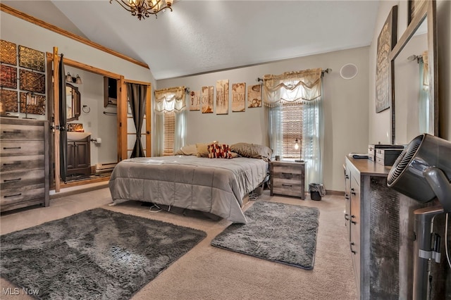 bedroom featuring vaulted ceiling and light carpet