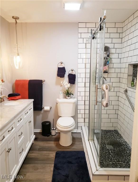 bathroom with toilet, vanity, a shower with shower door, and wood-type flooring