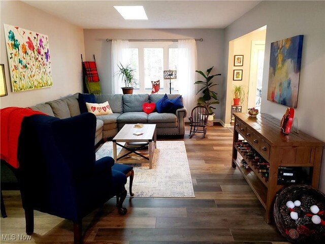 living room with dark hardwood / wood-style floors and a skylight