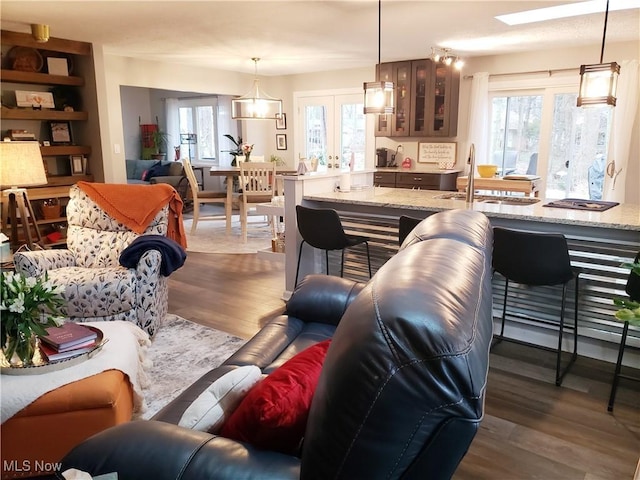 living room with french doors, dark wood-type flooring, sink, and a wealth of natural light