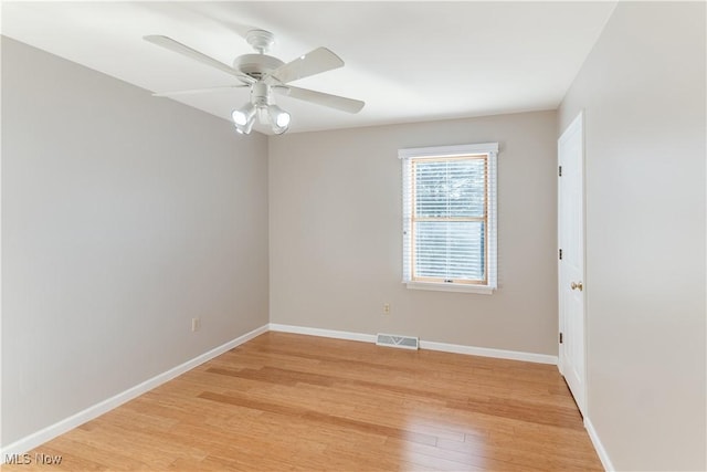 empty room featuring ceiling fan and light hardwood / wood-style floors