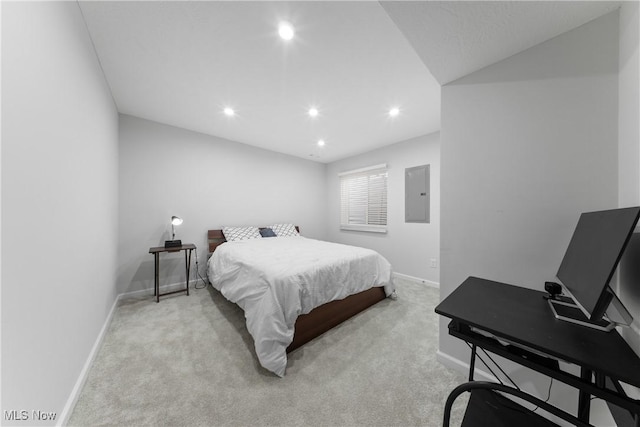 bedroom featuring light colored carpet and electric panel