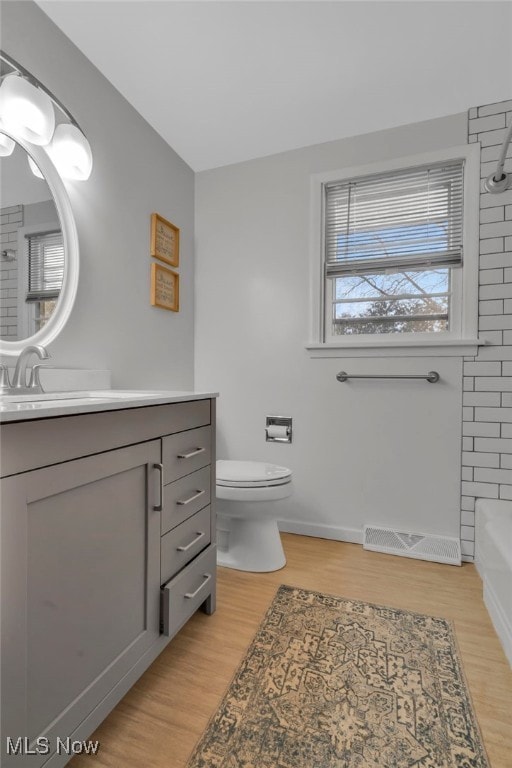 bathroom featuring vanity, toilet, and hardwood / wood-style floors