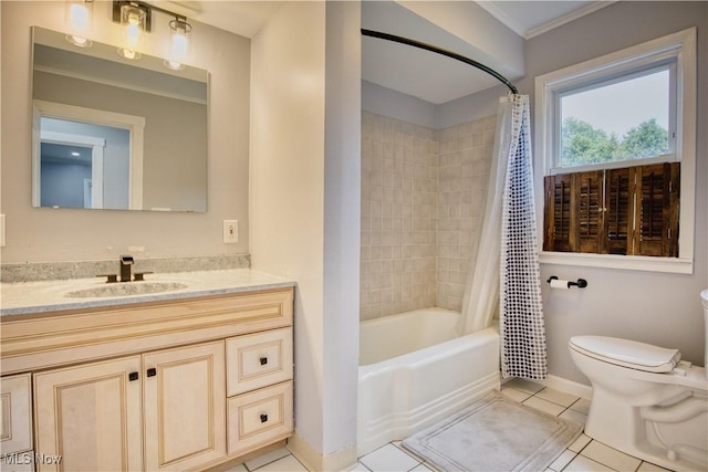 full bathroom with ornamental molding, vanity, toilet, tile patterned floors, and shower / bath combo with shower curtain