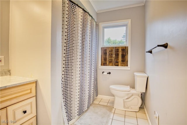 bathroom with walk in shower, tile patterned floors, toilet, ornamental molding, and vanity