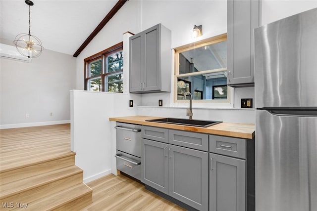 kitchen featuring a sink, wooden counters, gray cabinets, stainless steel appliances, and lofted ceiling