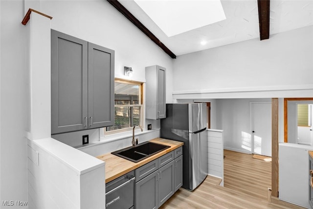 kitchen featuring a sink, appliances with stainless steel finishes, gray cabinets, and vaulted ceiling with skylight