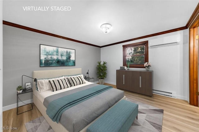 bedroom with crown molding, light wood finished floors, a wall mounted air conditioner, baseboards, and a baseboard heating unit