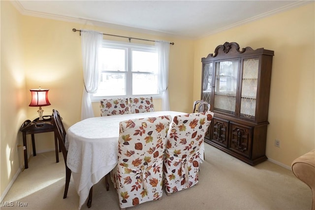 carpeted dining room featuring crown molding