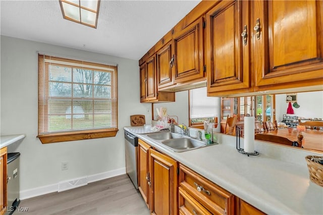 kitchen featuring a healthy amount of sunlight, sink, stainless steel dishwasher, and light hardwood / wood-style flooring