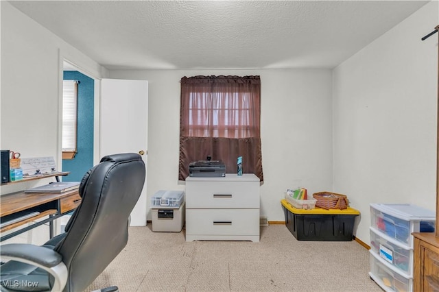 carpeted office space with a textured ceiling and a healthy amount of sunlight