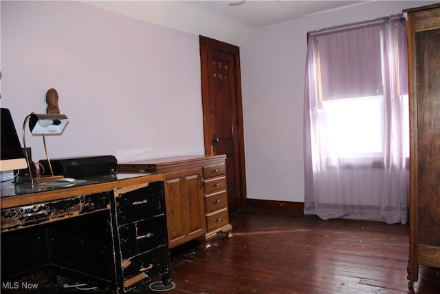 office with lofted ceiling and dark hardwood / wood-style floors