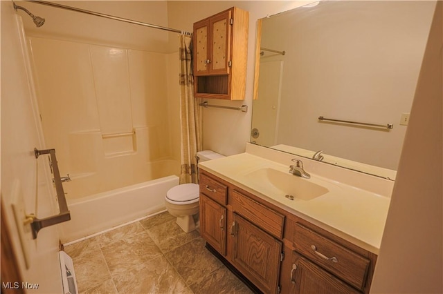 full bathroom featuring vanity, shower / bath combination with curtain, and toilet