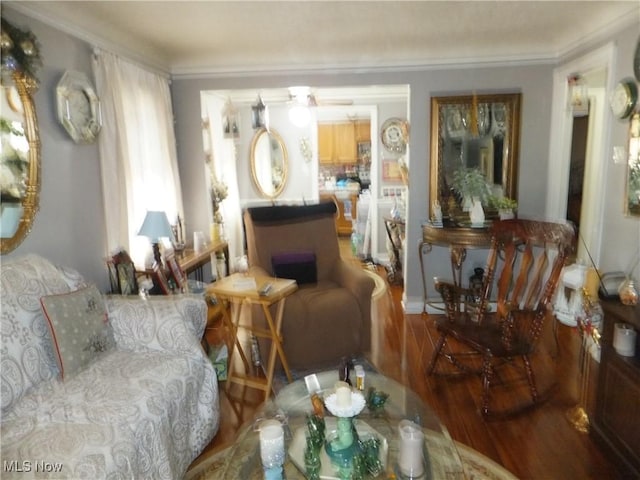 living area featuring crown molding