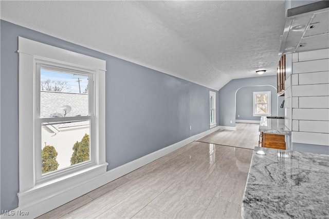 additional living space with lofted ceiling, light hardwood / wood-style flooring, and a textured ceiling