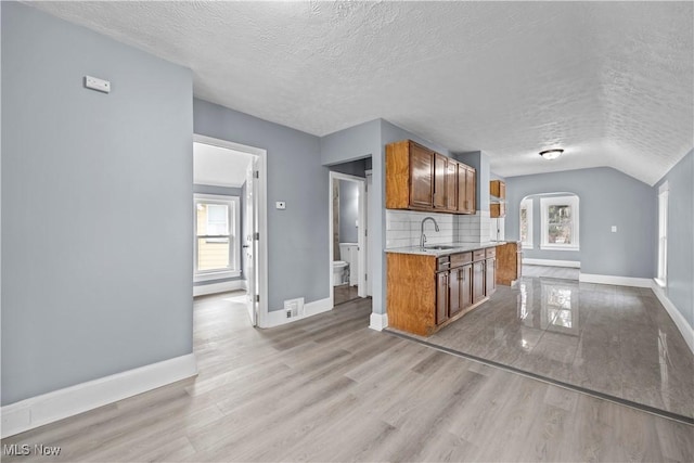 kitchen with tasteful backsplash, a wealth of natural light, a textured ceiling, and light hardwood / wood-style flooring