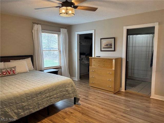 bedroom with connected bathroom, hardwood / wood-style floors, a walk in closet, and ceiling fan