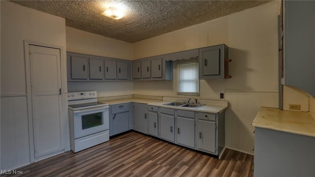 kitchen featuring white electric range, sink, gray cabinetry, dark hardwood / wood-style flooring, and a textured ceiling