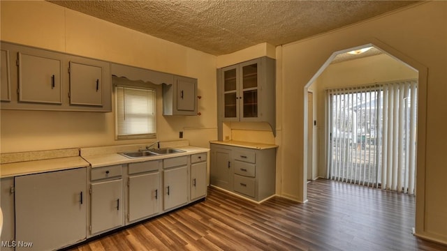 kitchen featuring gray cabinets, sink, hardwood / wood-style floors, and a textured ceiling