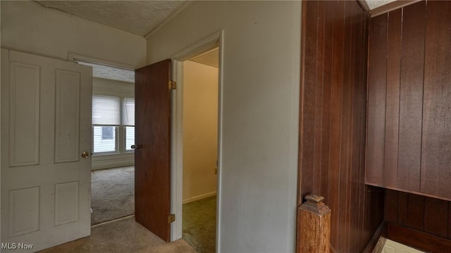 hallway featuring light colored carpet and a textured ceiling